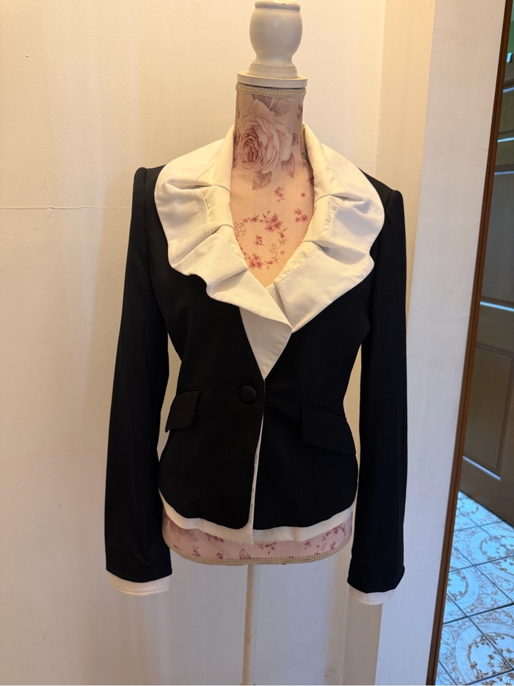 BCBGMaxAzria Black Blazer with White Ruffle Collar
